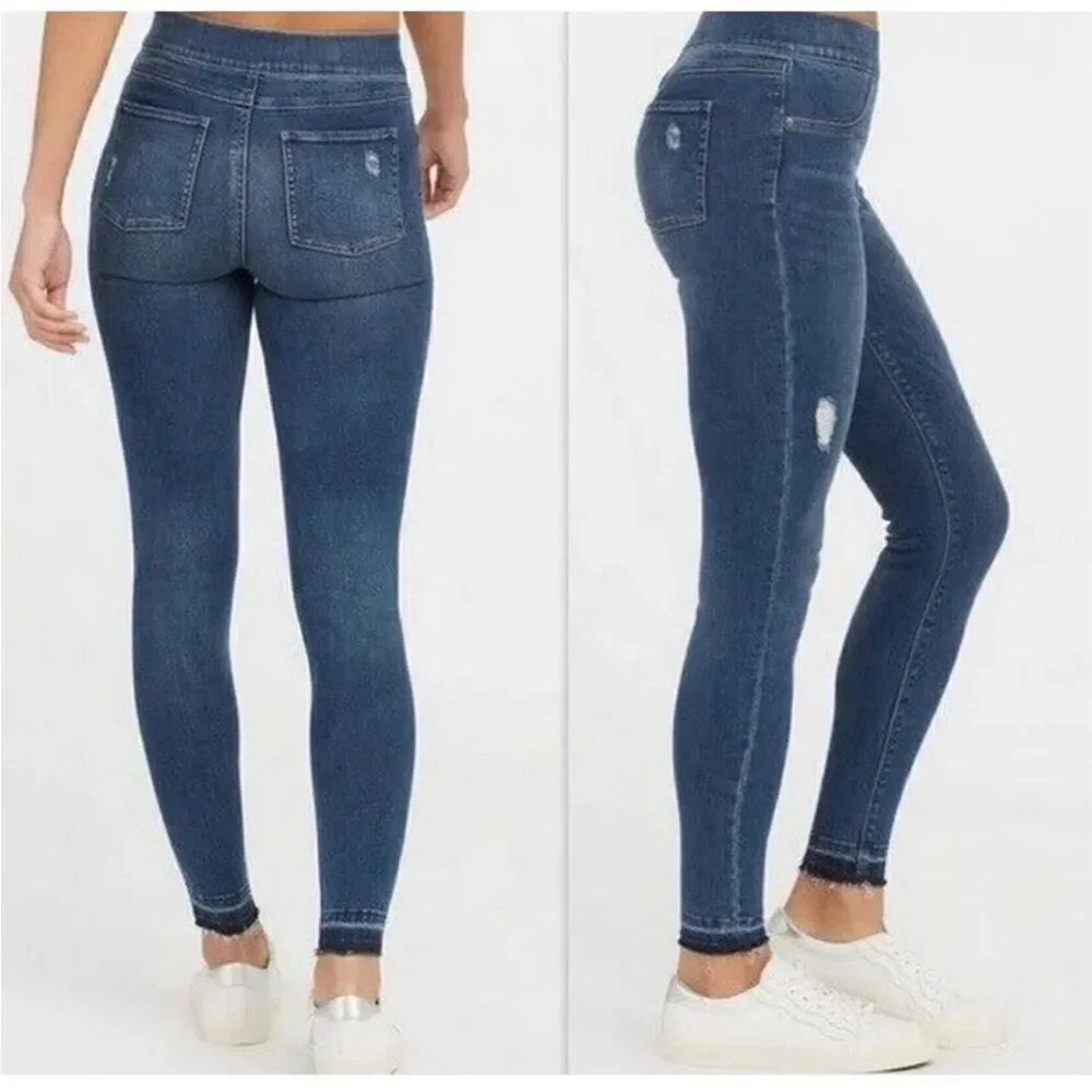 SPANX Petite Distressed Released Raw Hem Skinny Jeans in Medium Wash